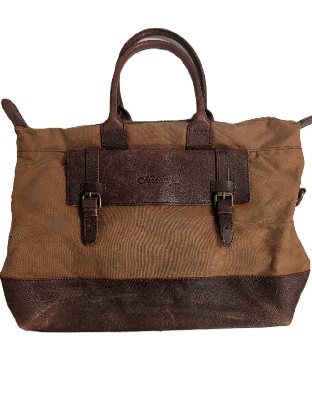 VTG Napapijri Leather Canvas Bag Brown Travel Satchel Computer Academia Khaki